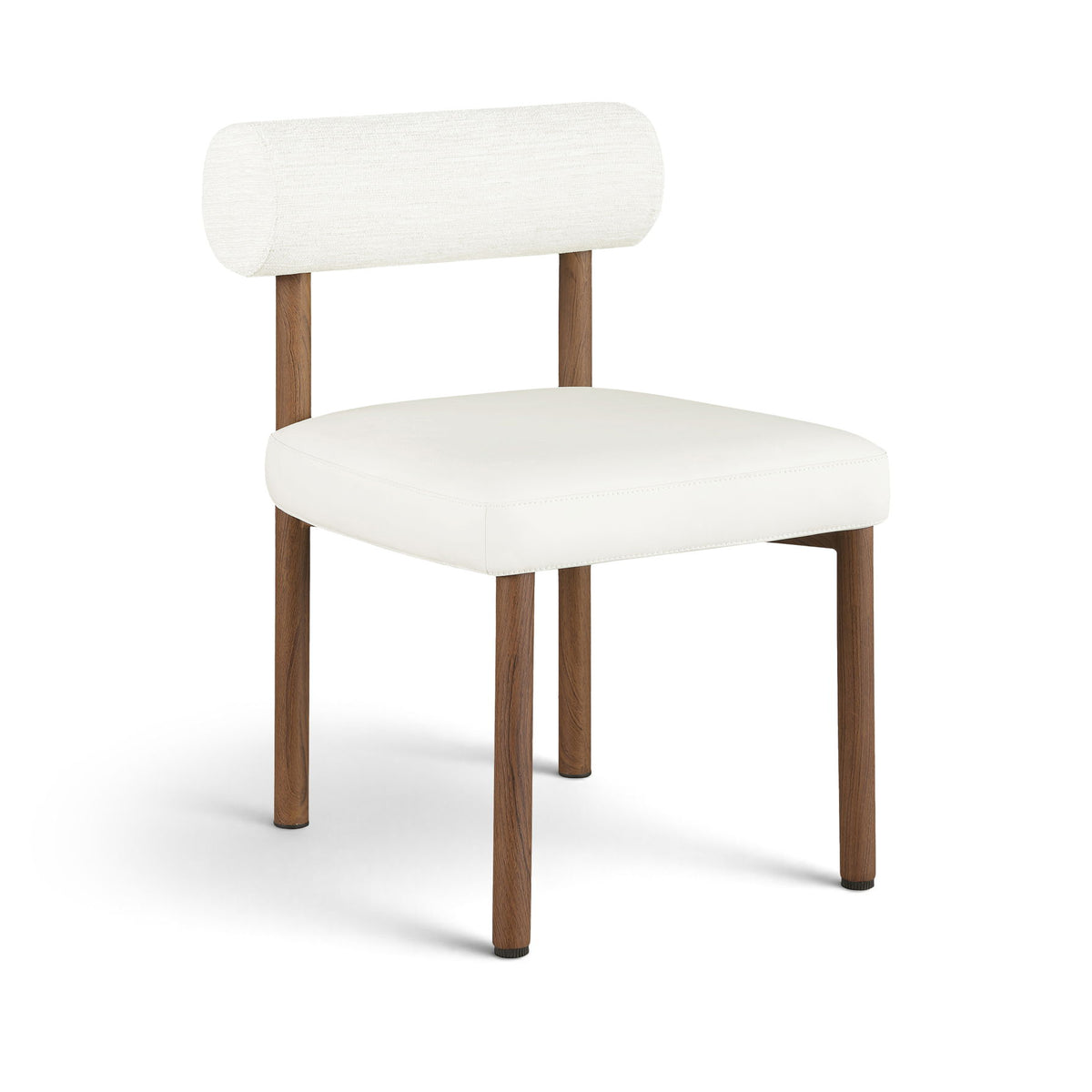 White upholstered dining chair with chenille back, vegan leather seat, and wood legs.