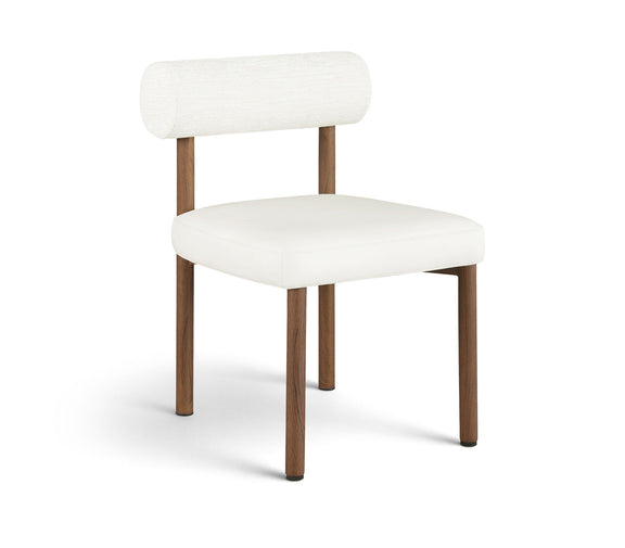 White upholstered dining chair with chenille back, vegan leather seat, and wood legs.