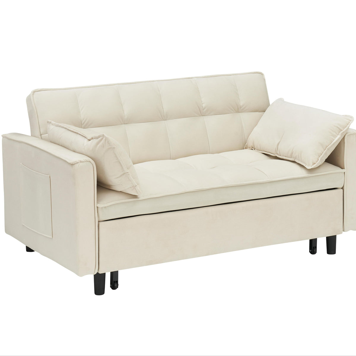 Convertible sofa bed with side storage pocket, light beige, tufted seat and back cushions