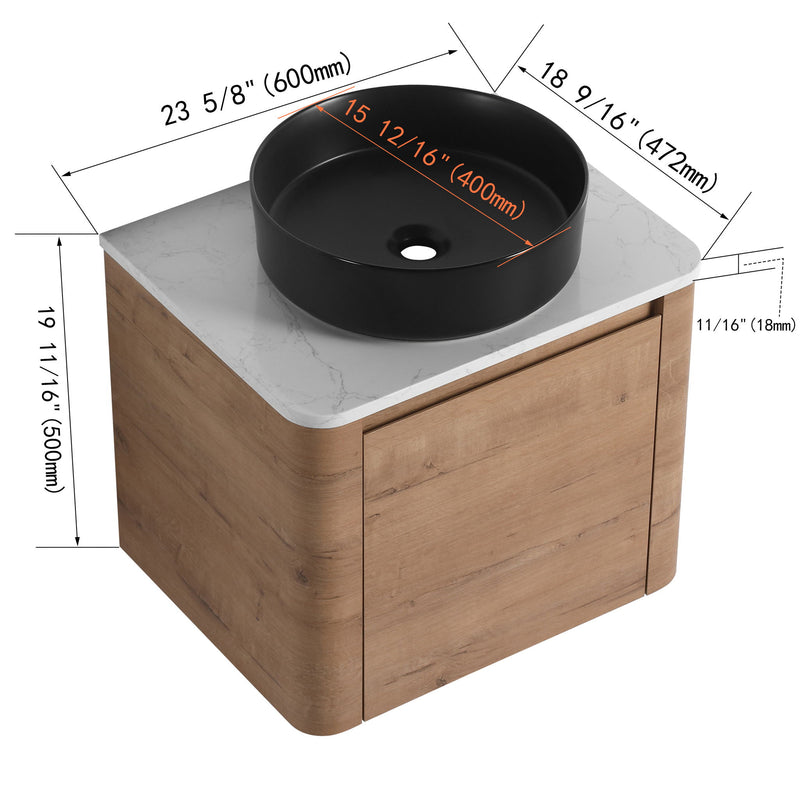 Bathroom vanity with black round vessel sink and 2-door cabinet, wood finish with size labels
