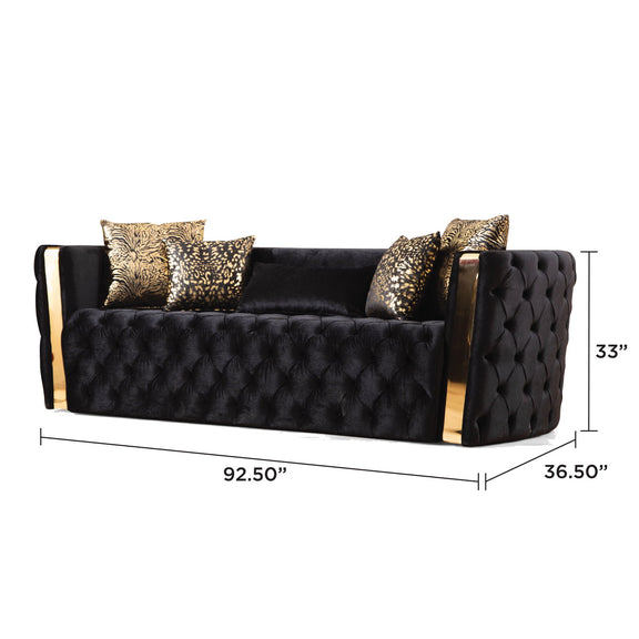 Black button-tufted sofa with gold accents, measuring 92.5 inches wide and 33 inches high