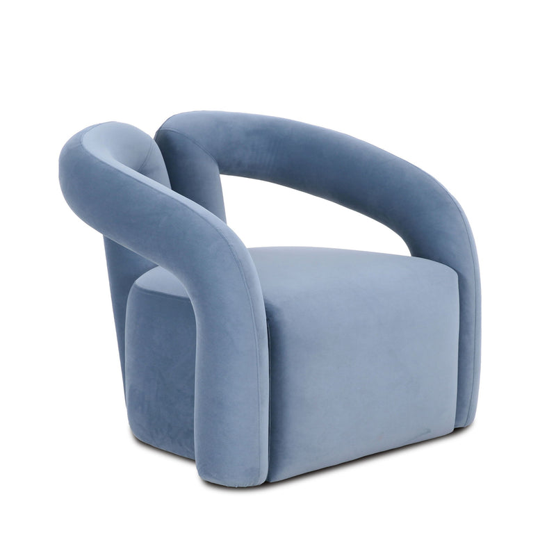 Light blue accent chair with rounded back and thick side arms