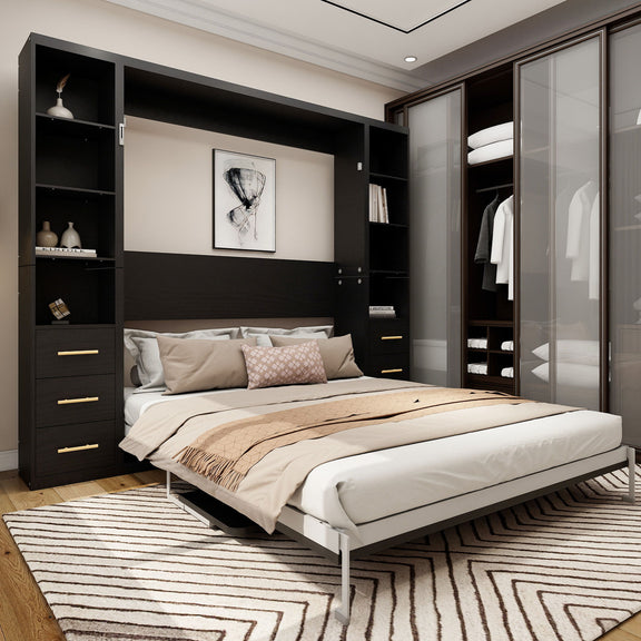 Vertical Murphy wall bed opened, black cabinetry and shelving, queen mattress and headboard.