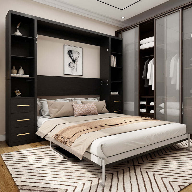 Vertical Murphy wall bed opened, black cabinetry and shelving, queen mattress and headboard.