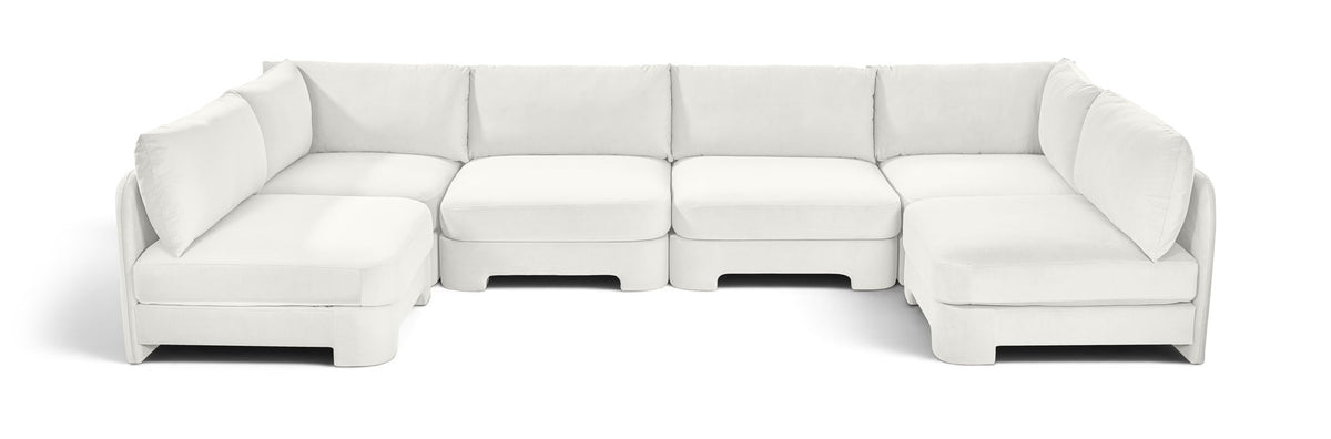 White velvet performance sectional sofa, U-shaped armless design with 6 pieces