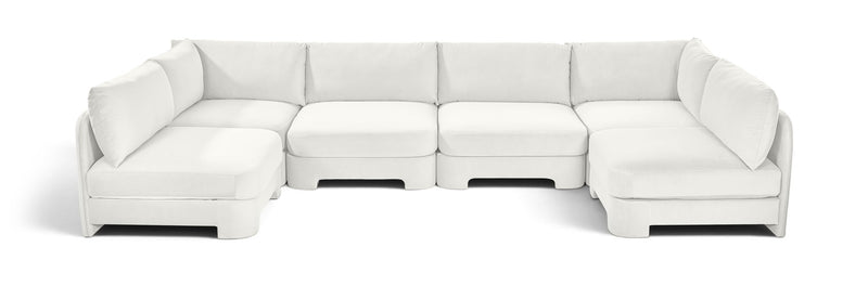 White velvet performance sectional sofa, U-shaped armless design with 6 pieces