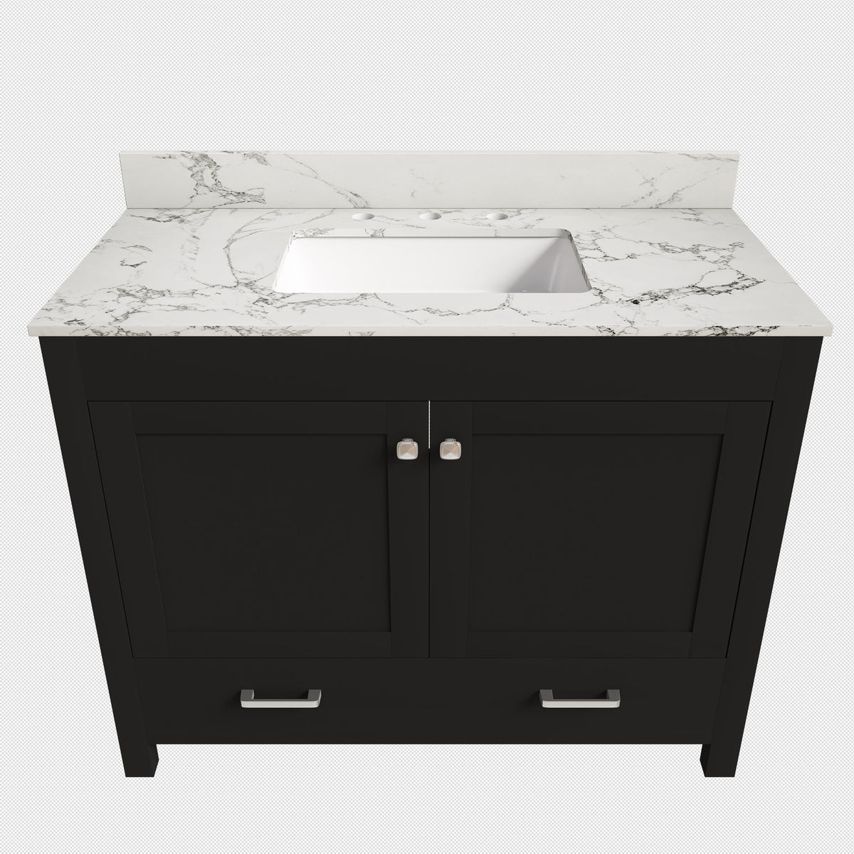 Black bathroom vanity with white stone-look top, undermount sink, and two-door cabinet