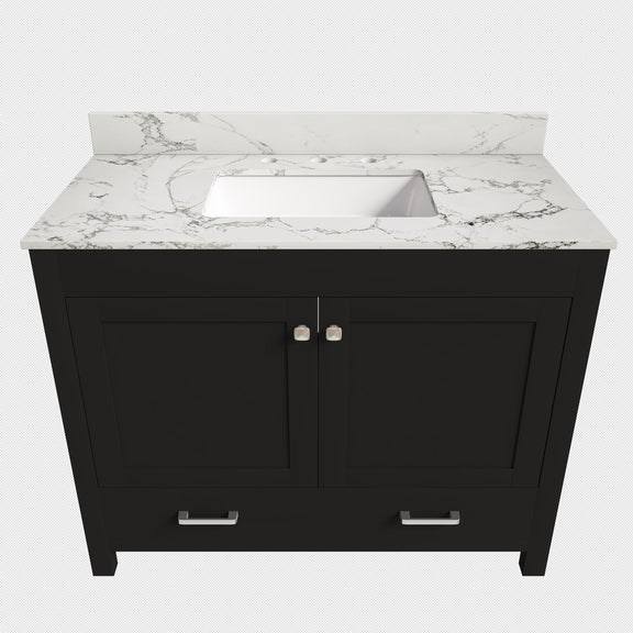 Black bathroom vanity with white stone-look top, undermount sink, and two-door cabinet