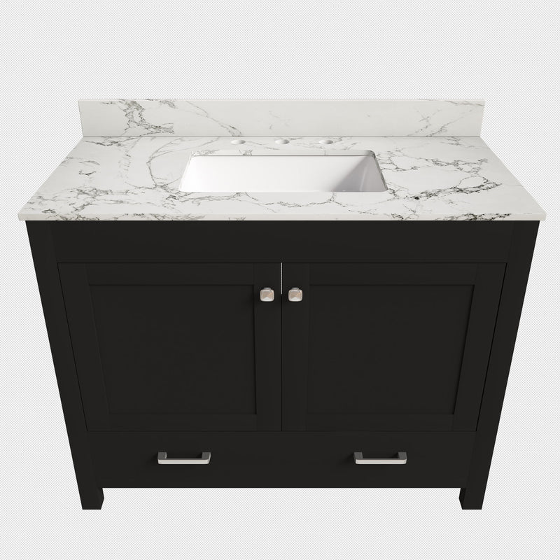 Black bathroom vanity with white stone-look top, undermount sink, and two-door cabinet