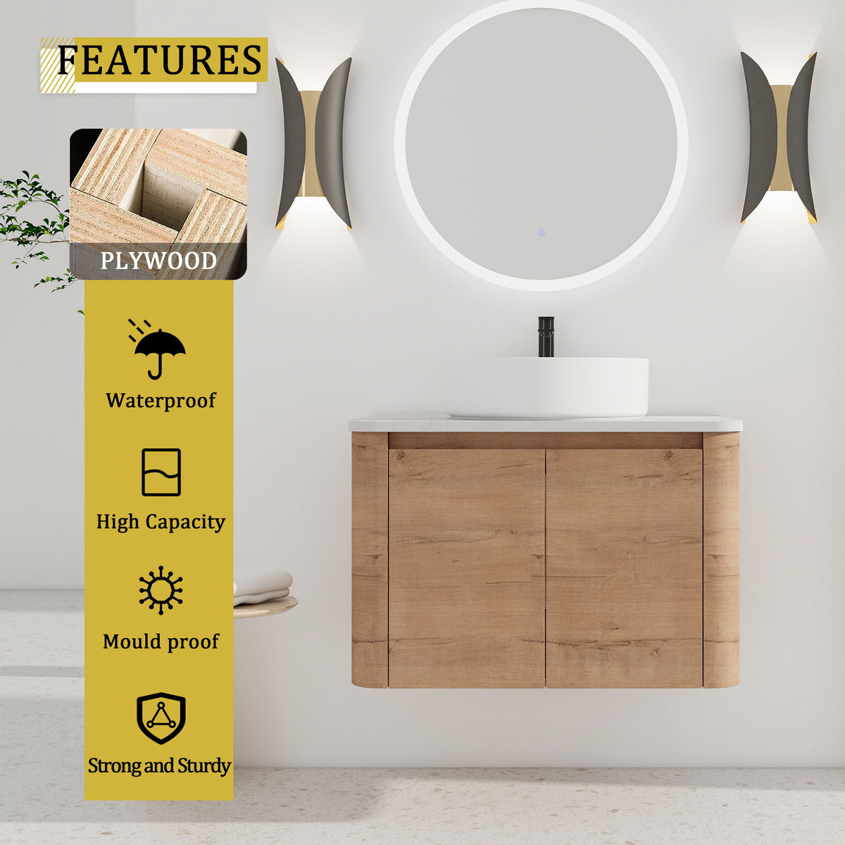 Bathroom vanity with white round vessel sink and 2-door cabinet, wood finish