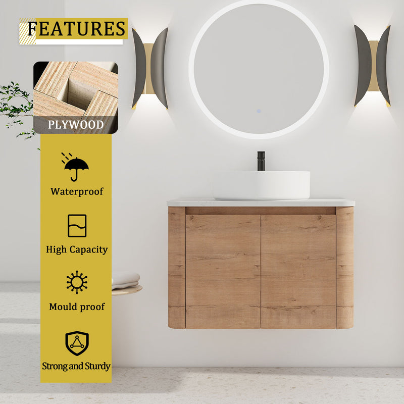 Bathroom vanity with white round vessel sink and 2-door cabinet, wood finish