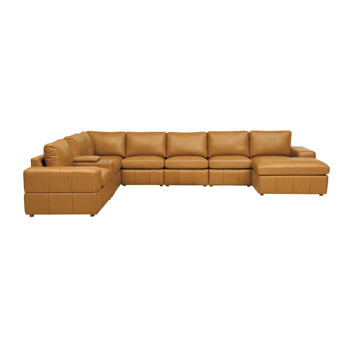 Light brown modular sectional sofa with large square arms and matching ottoman armrests