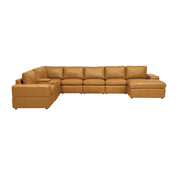Light brown modular sectional sofa with large square arms and matching ottoman armrests