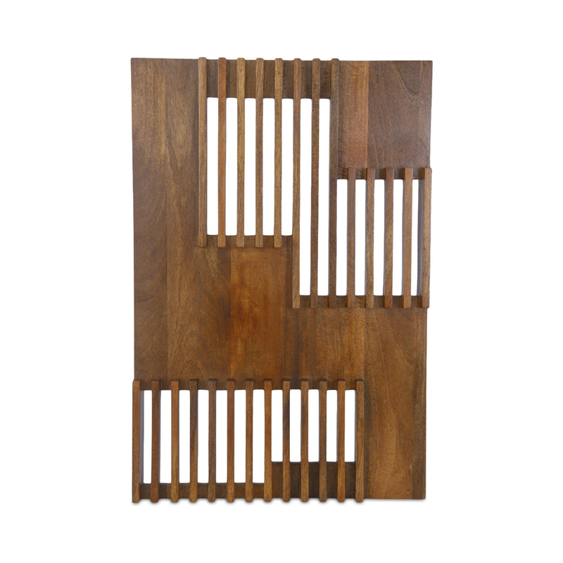 Brown wood wall art with staggered vertical slats and open geometric panels