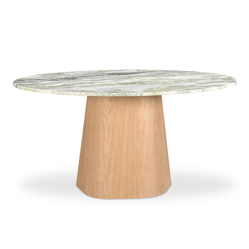 Round dining table with a veined stone top and tapered light wood pedestal base.