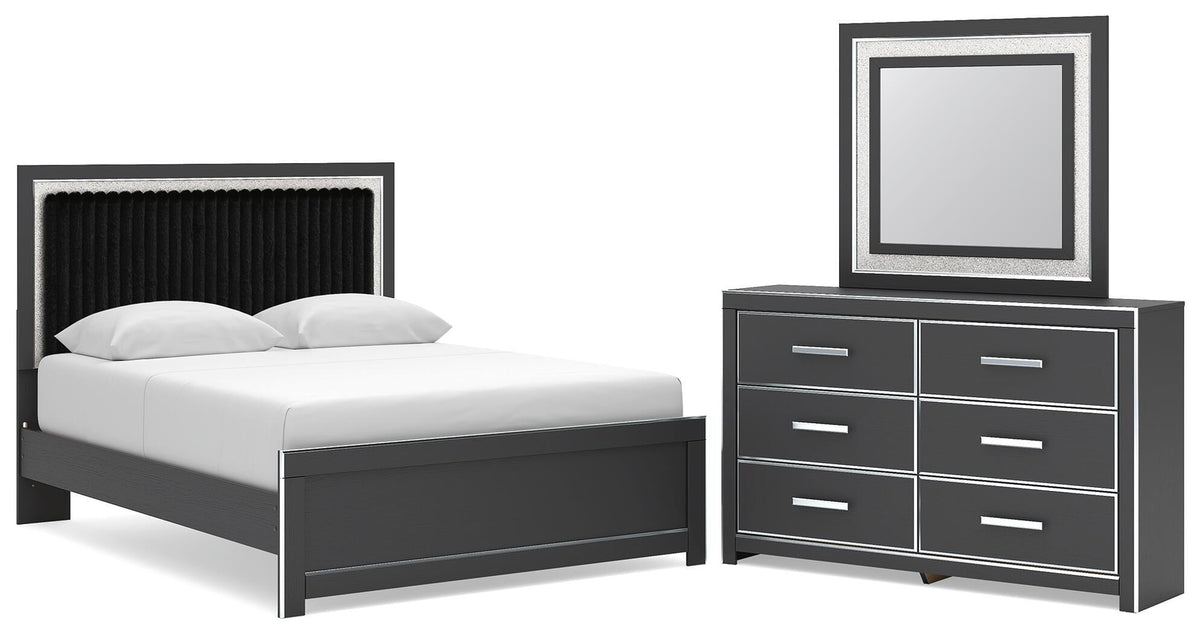 Black upholstered-panel bed with headboard plus matching dresser and square framed mirror