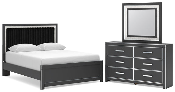 Black upholstered-panel bed with headboard plus matching dresser and square framed mirror
