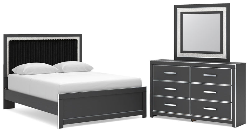 Black upholstered-panel bed with headboard plus matching dresser and square framed mirror