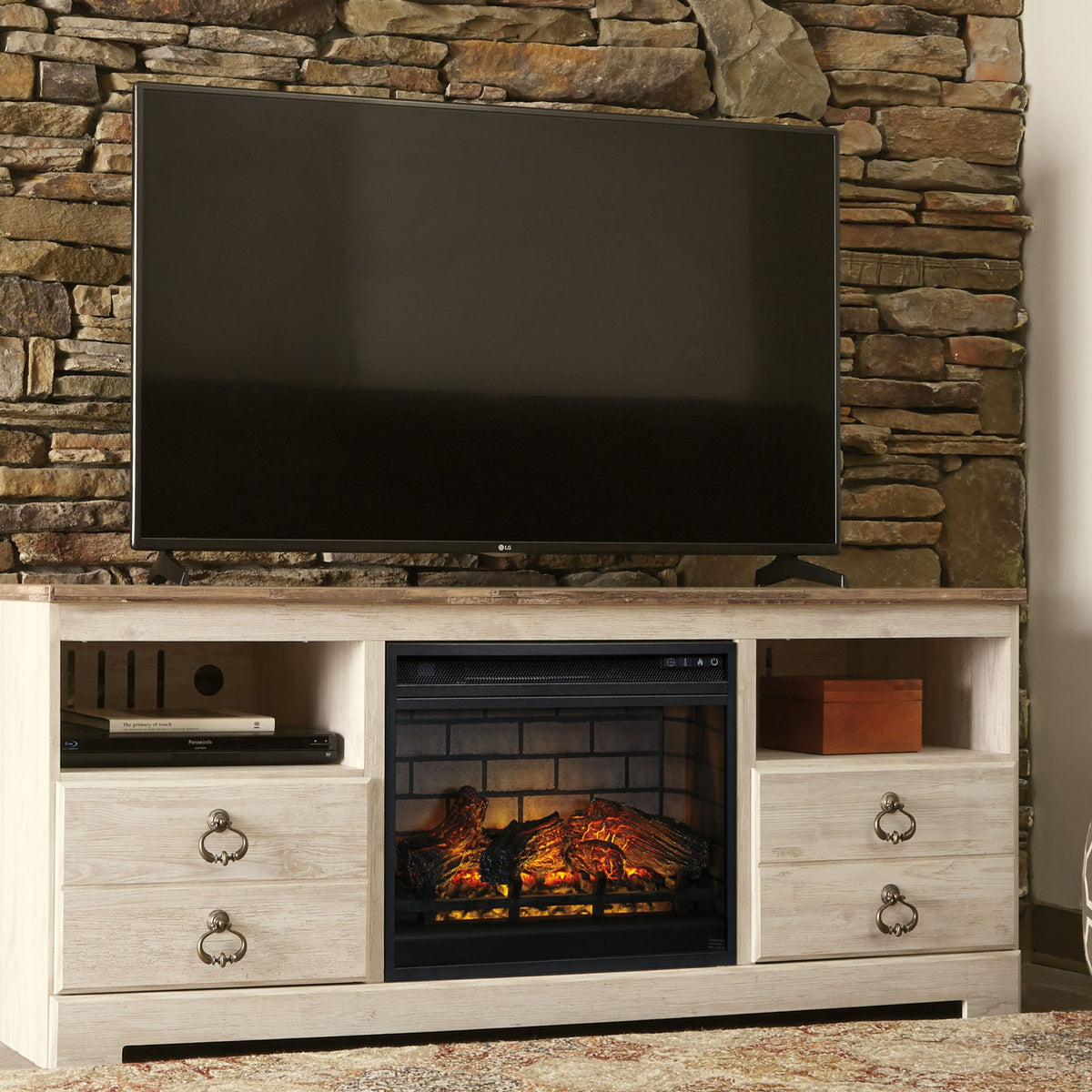 Willowton - 2 Pc. - 64" TV Stand With Faux Firebrick Fireplace Insert - Whitewash