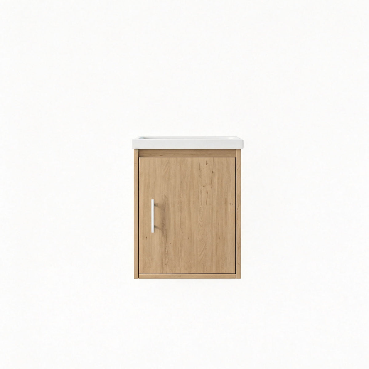 Wall-mounted bathroom vanity cabinet with sink, light brown wood door and metal handle