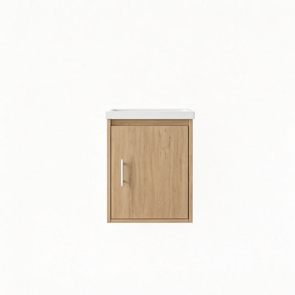 Wall-mounted bathroom vanity cabinet with sink, light brown wood door and metal handle