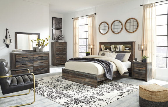 Panel bookcase bed with open-shelf headboard and side storage drawers, dark wood finish.
