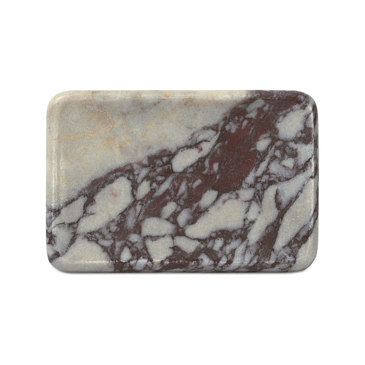 Rounded rectangular marble catchall with cream base and dark brown marble pattern