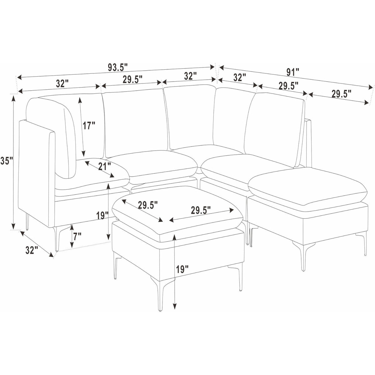 Upholstered sectional sofa with tall legs and ottoman, L-shape with measured layout