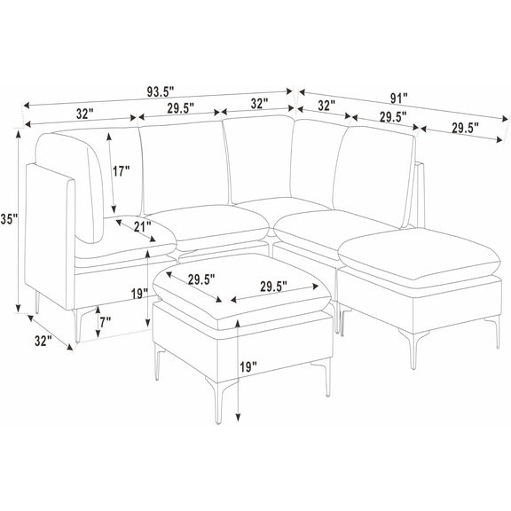 Upholstered sectional sofa with tall legs and ottoman, L-shape with measured layout
