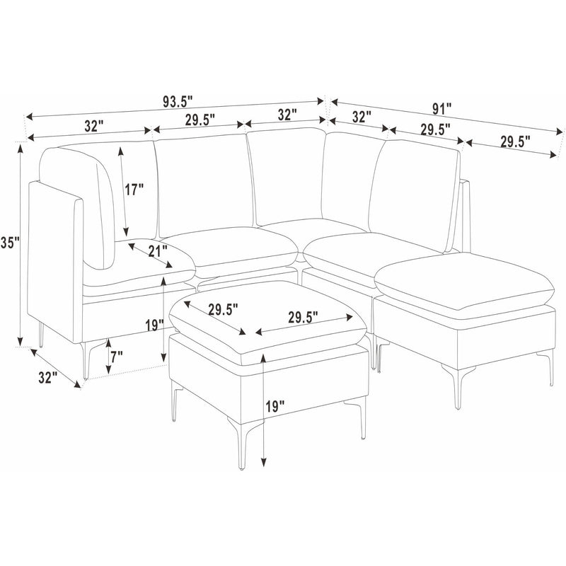 Upholstered sectional sofa with tall legs and ottoman, L-shape with measured layout