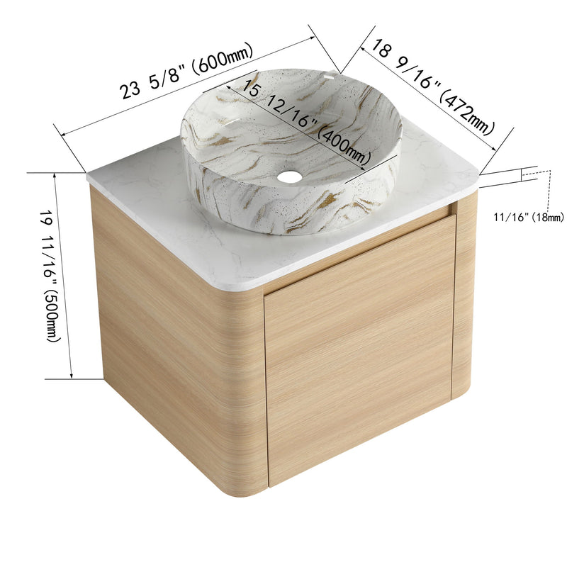 Light wood mounted bathroom vanity with white marble-pattern vessel sink and two doors