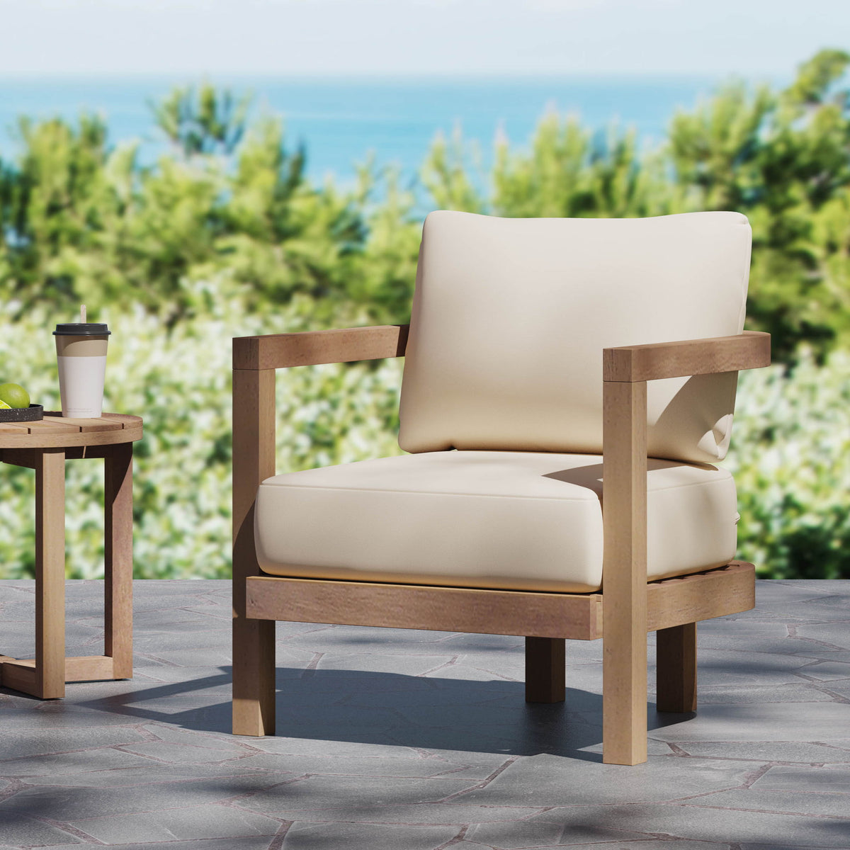 Outdoor Acacia Wood Patio Club Chair, Waterproof Thick Cushion, Deep Seating