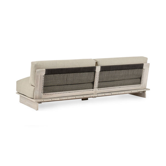 Outdoor sofa with taupe seat and woven back panel, teak frame