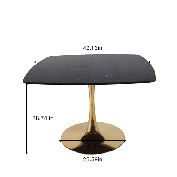 Dark square dining table size diagram with gold pedestal base