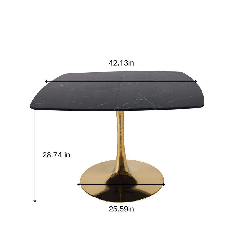 Dark square dining table size diagram with gold pedestal base