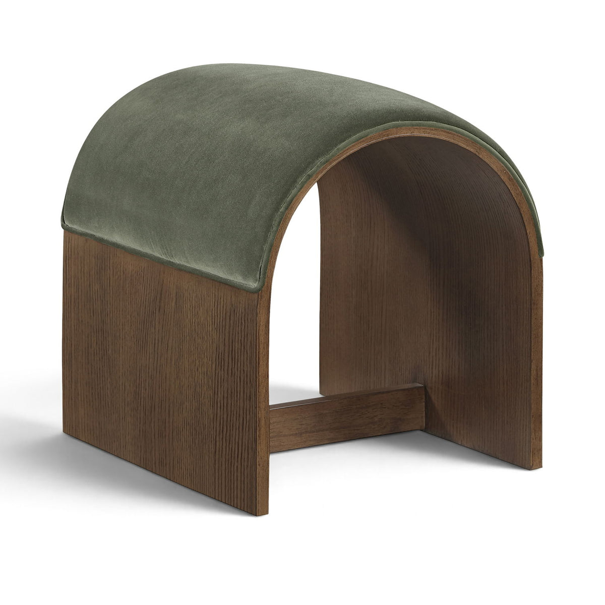 Green velvet upholstered bench with arched back and dark wood base, open center