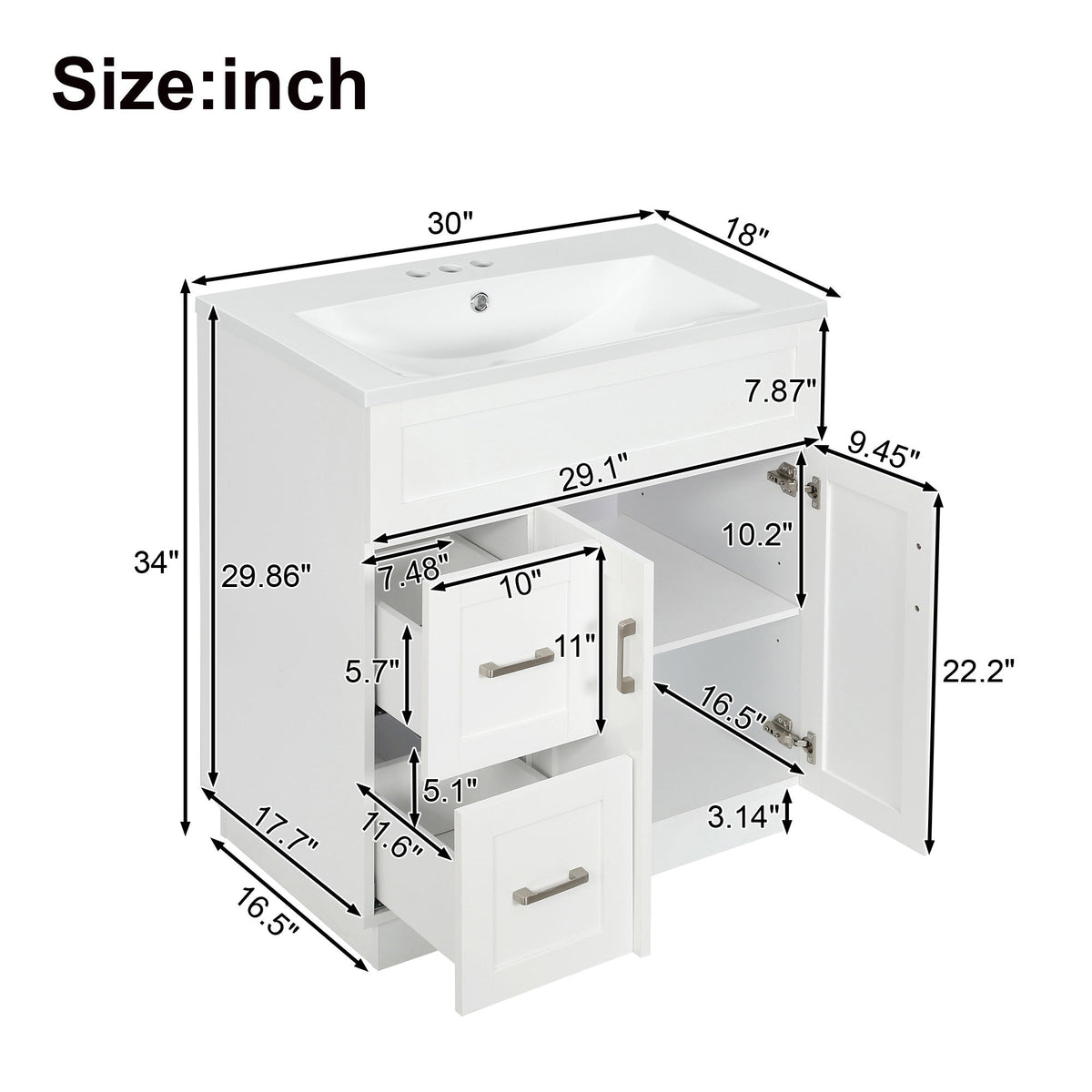White vanity size diagram showing open door storage and two drawers with measurements