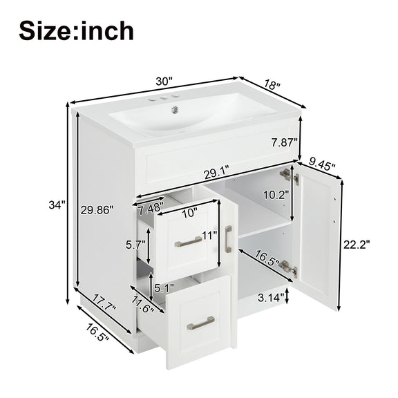 White vanity size diagram showing open door storage and two drawers with measurements