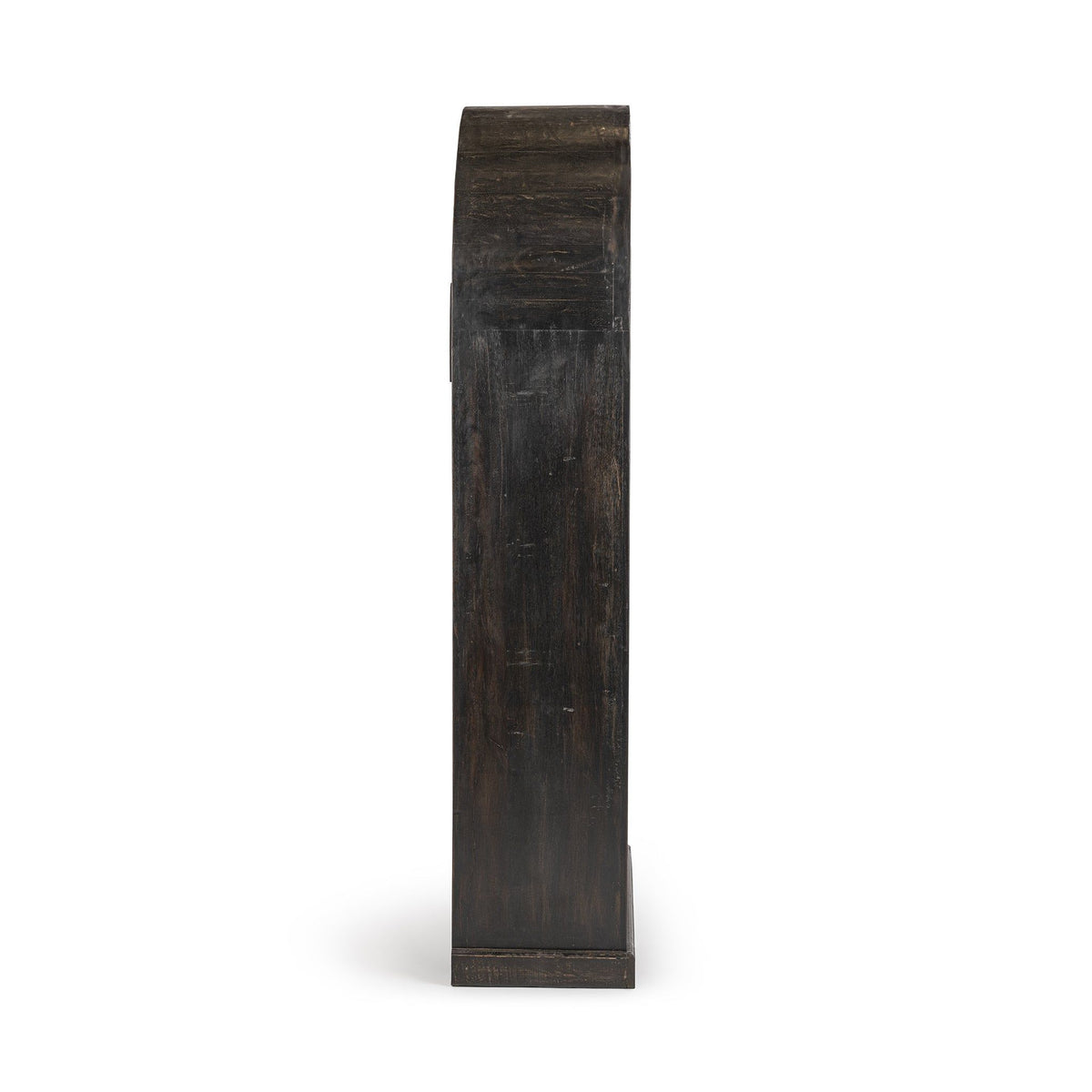 Tall narrow arched wood bookcase side panel in dark distressed finish