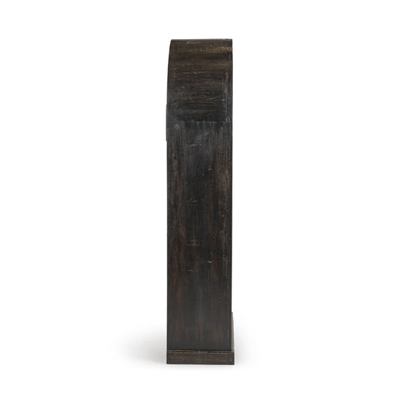 Tall narrow arched wood bookcase side panel in dark distressed finish