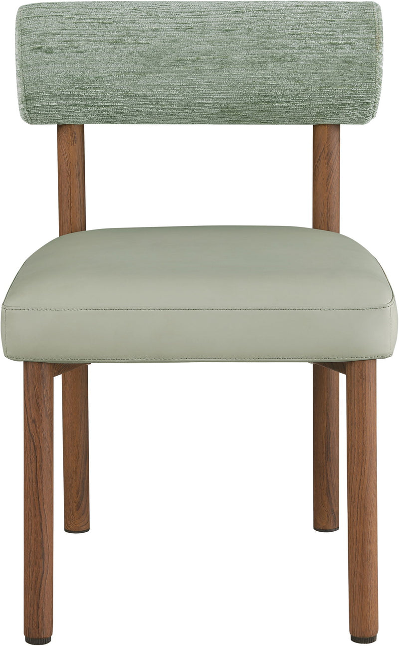 Green upholstered dining chair with chenille back and vegan leather seat, wood legs.