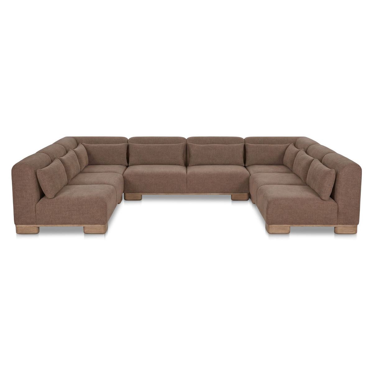 Dark brown U-shaped modular sectional sofa with tufted seat and padded armrests