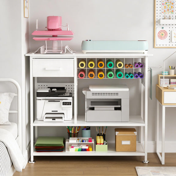 White heat press workbench with pegboard storage and heat press machines on open shelves