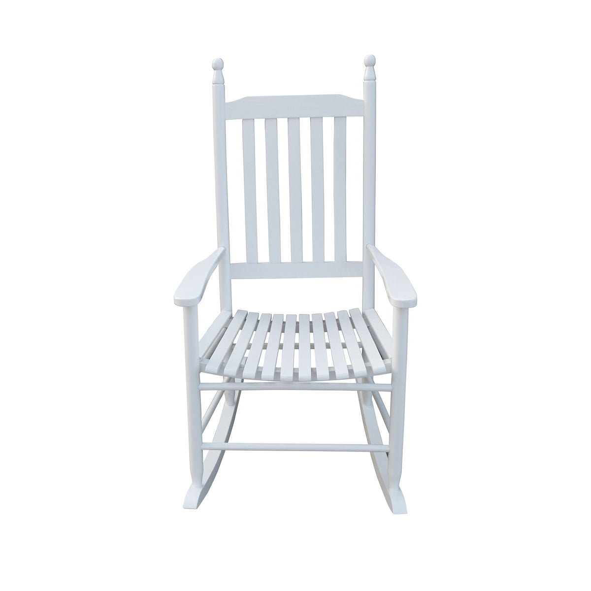 White wooden rocking porch chair with vertical slat back and slatted seat, no cushion.