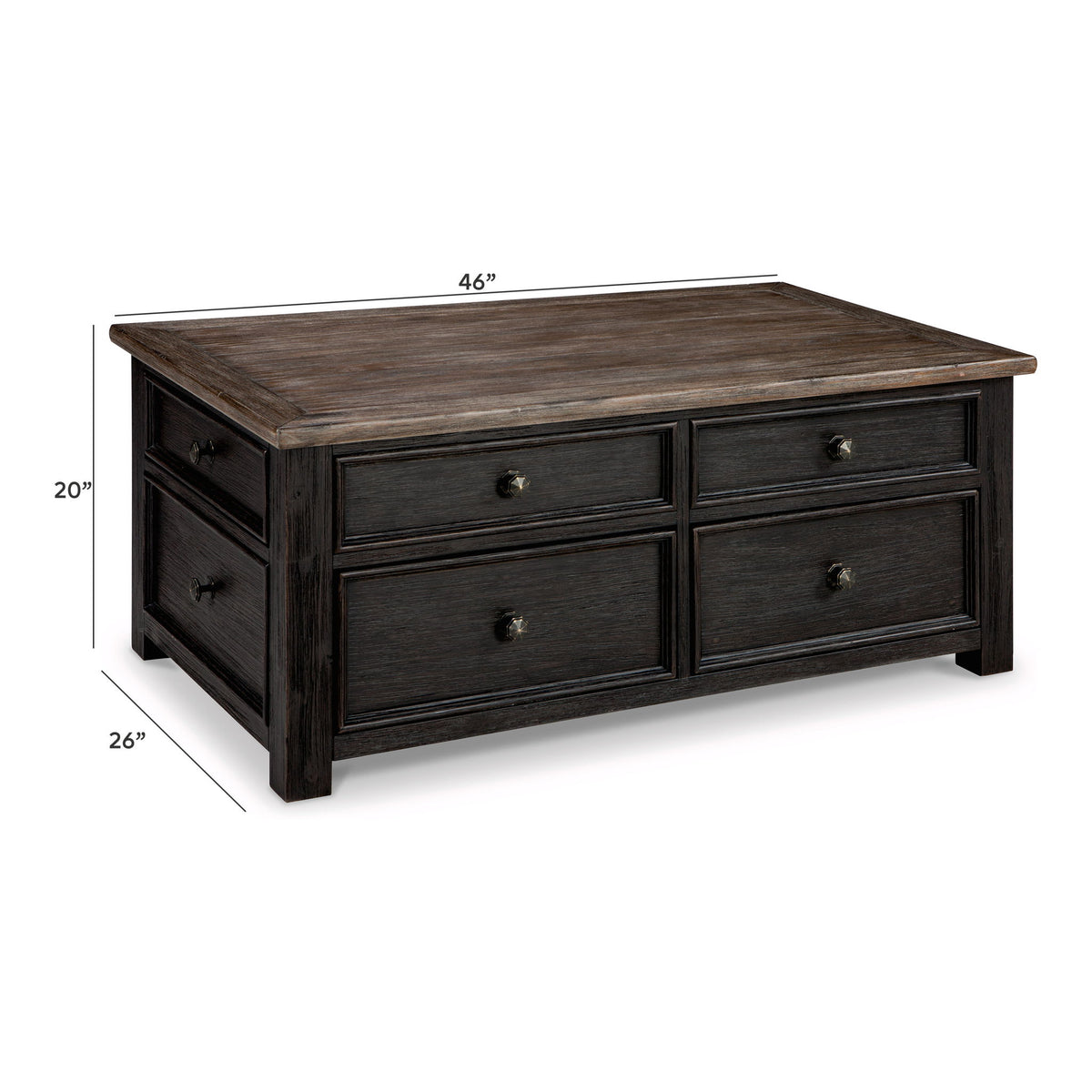 Lift-top cocktail table with dark gray-brown wood finish and four front drawers