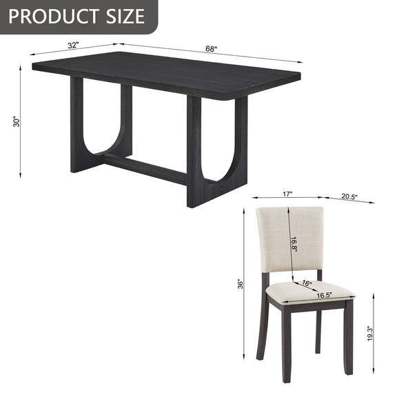Product size diagram showing rectangular dining table and beige upholstered chair