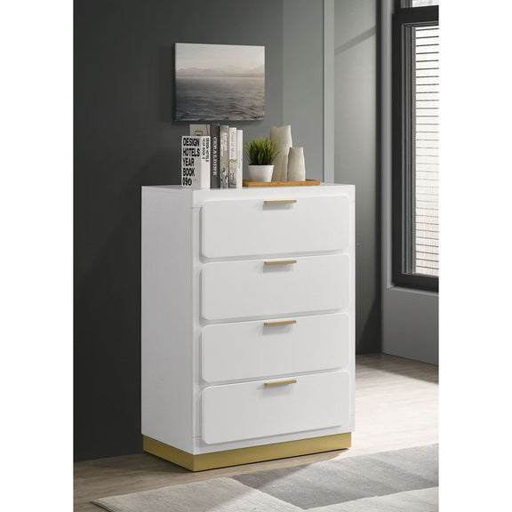 White four-drawer chest with gold bar handles and recessed drawer fronts