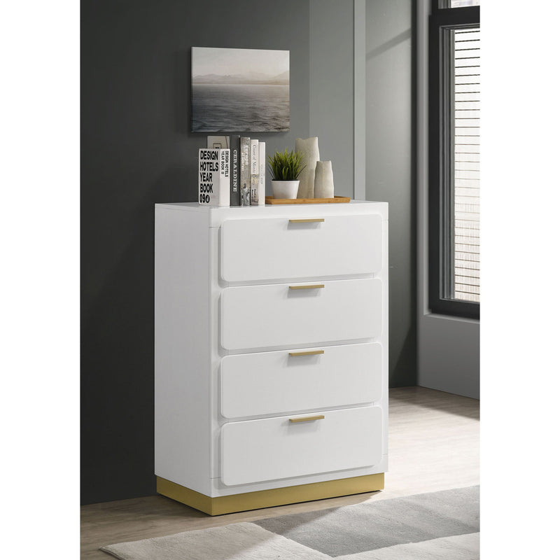 White four-drawer chest with gold bar handles and recessed drawer fronts