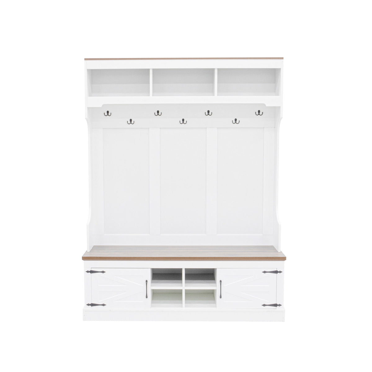 White hall tree with bench, coat hooks, and shoe storage cabinet