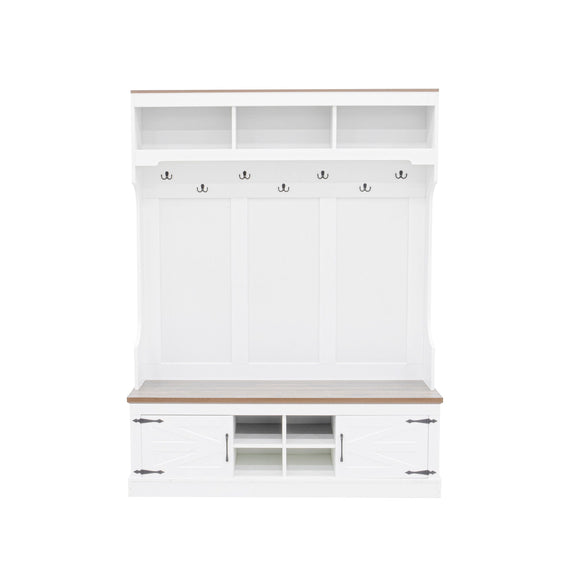 White hall tree with bench, coat hooks, and shoe storage cabinet